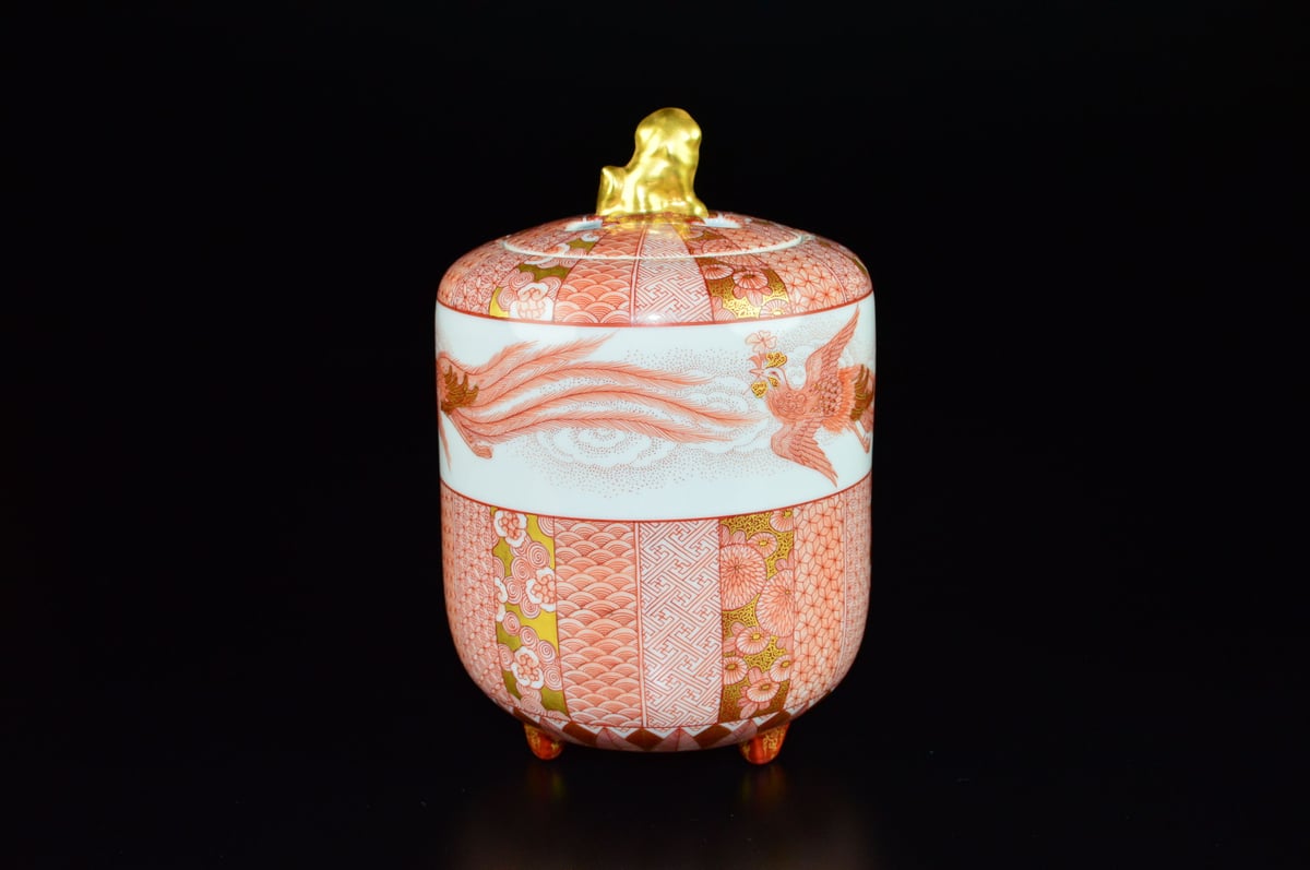 福島武山 赤絵虎渓三笑之図 香炉 香爐 九谷佐野窯 福島 武山 赤絵