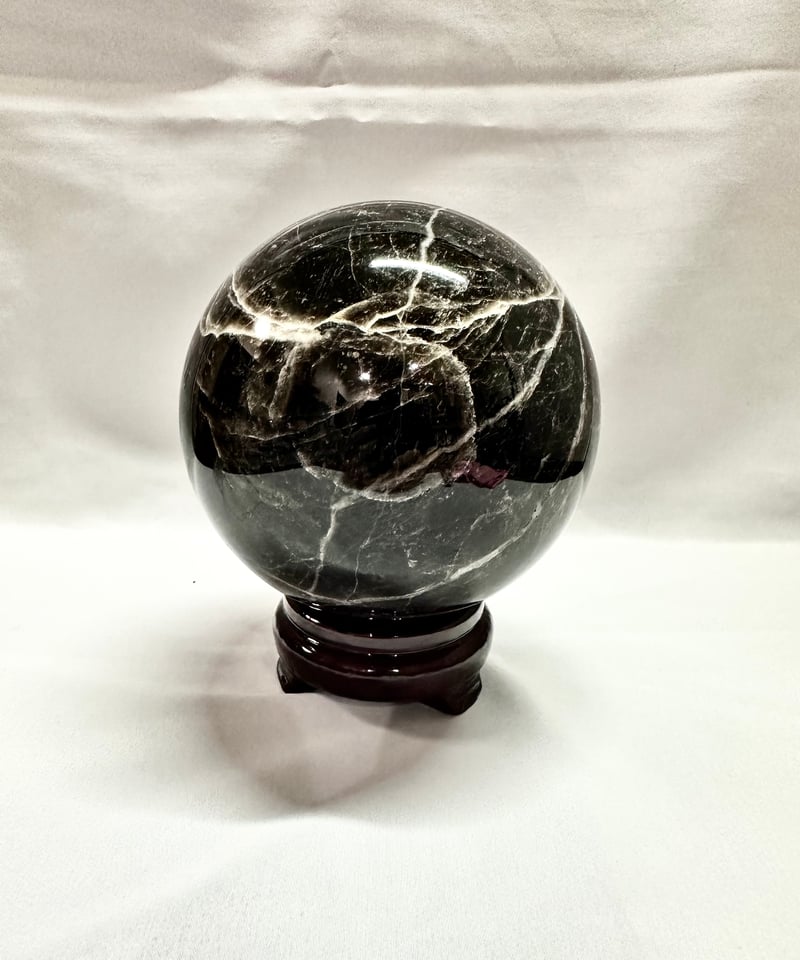 モリオン 黒水晶 丸玉 割引 木製台座付き 直径 74.8mm 山東省産 天然石