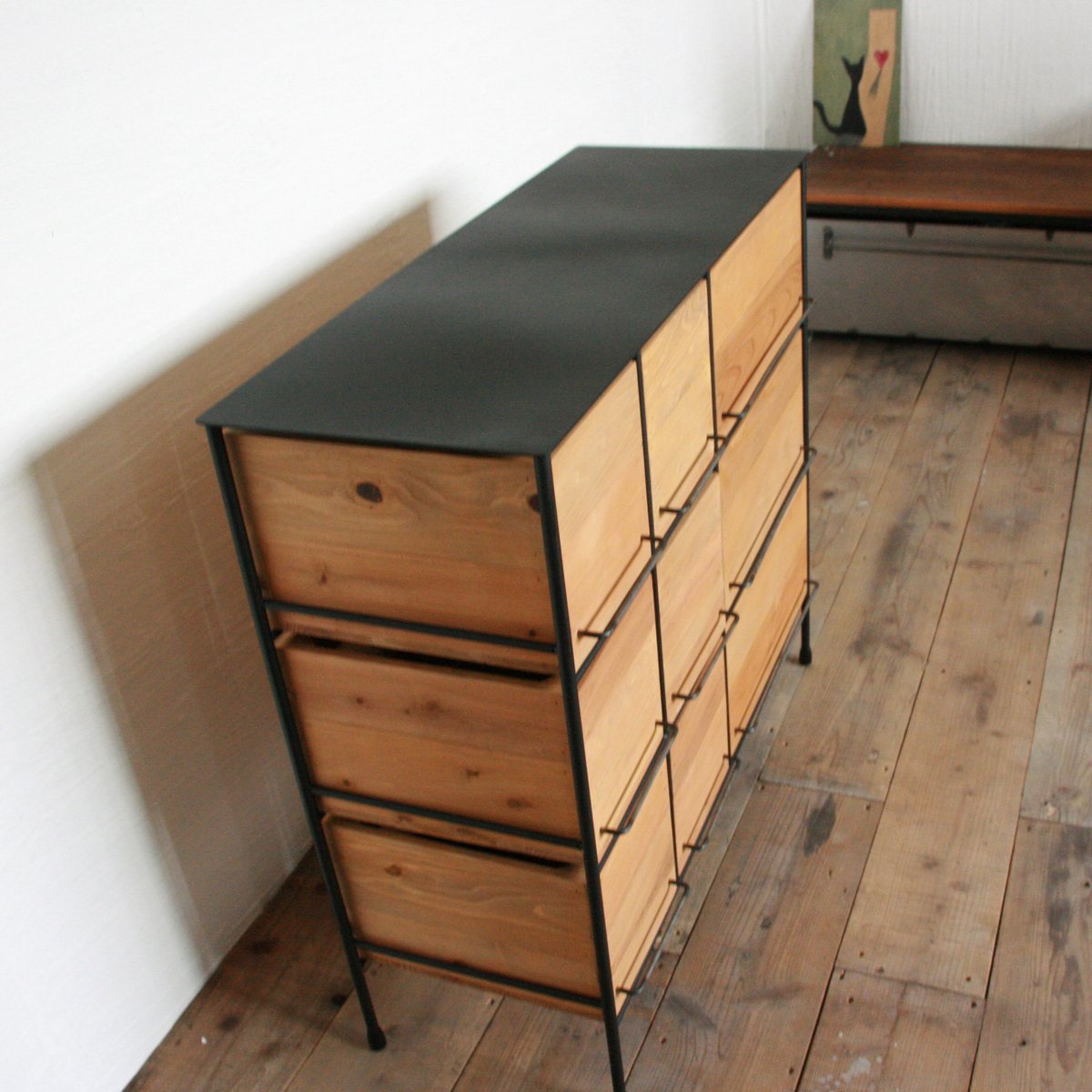 インダストリアル古材木製アイアン3段引き出しチェスト