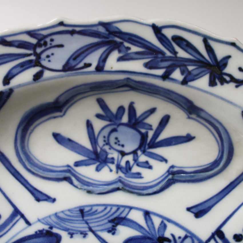 古伊万里 色絵 花卉鳥文 芙蓉手 輪花皿 古伊万里 色絵 花卉鳥文 芙蓉手