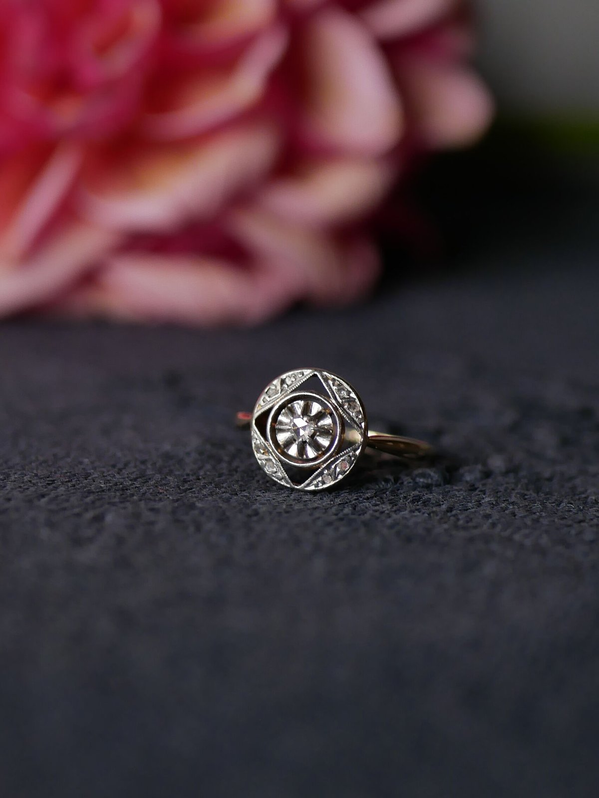 天然ダイアモンド アールデコ K18 アンティークリング フランス