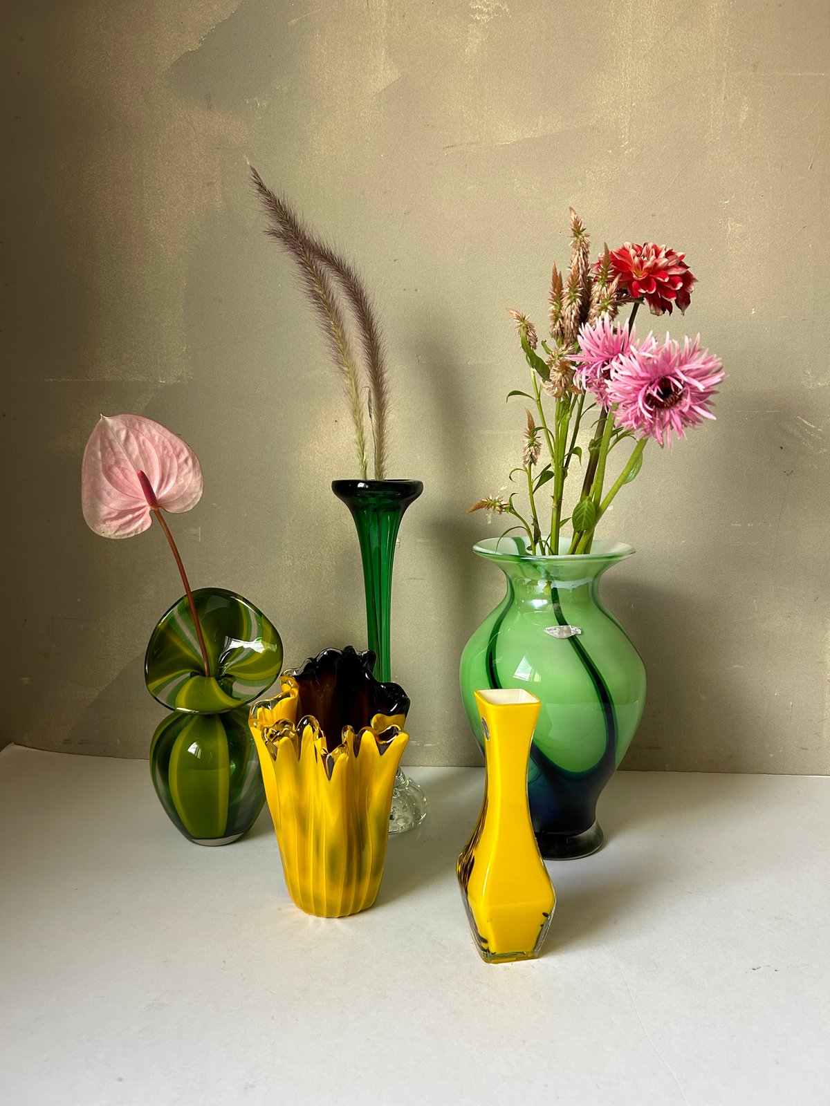 Y1505-5 ヴィンテージ フリント アルバニー ワセリンガラス 花瓶 Y1505