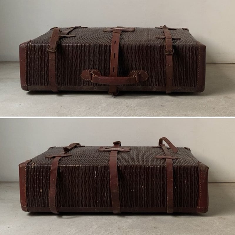 昭和初期 古い柳行李のトランク レザーバンド/レザーハンドル/レザー