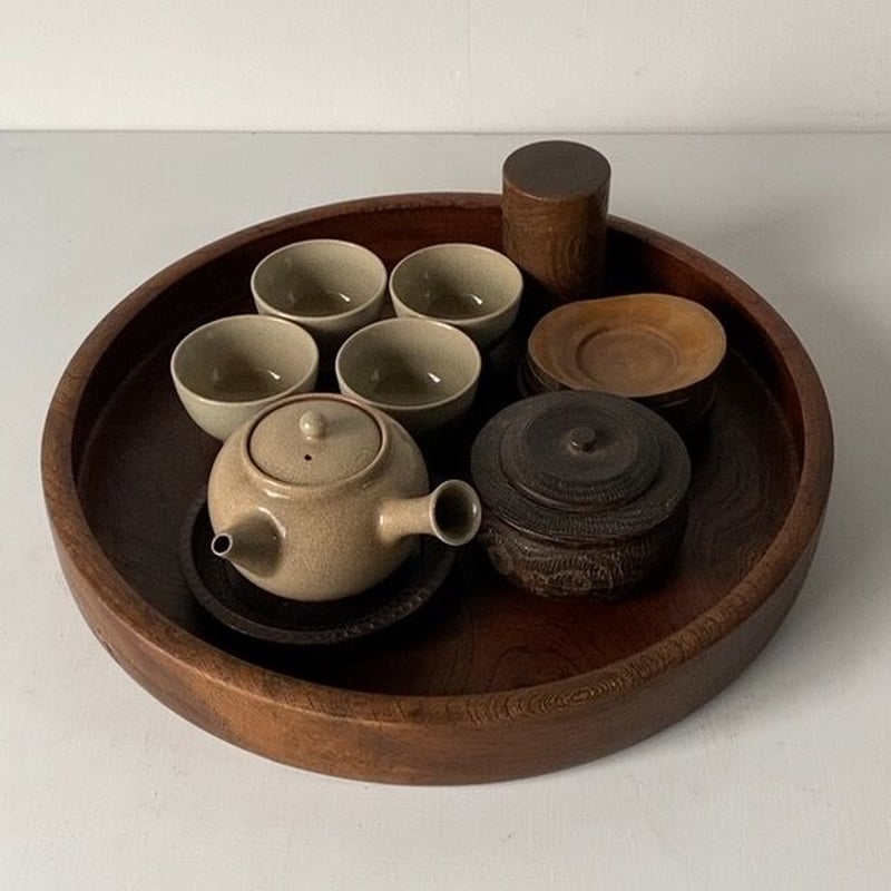 欅 くり抜き 丸盆 木製無垢 幅約36cm 木のお盆 トレー 木工品 工芸品