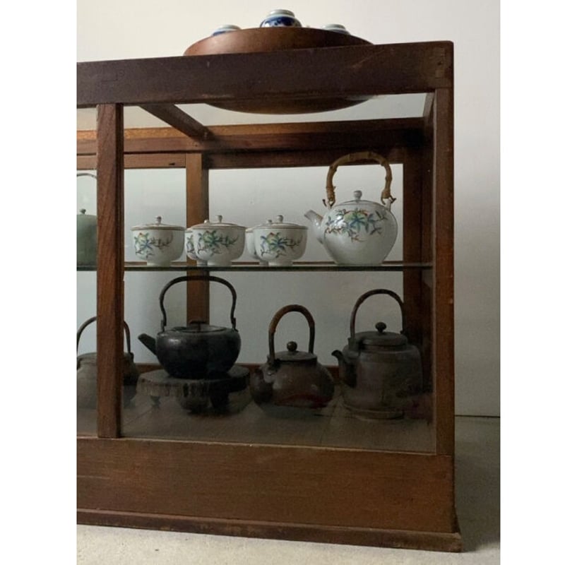 アンティーク 希少 ガラスケース 銅枠 面取り 5面 足 木製 総重量5.2