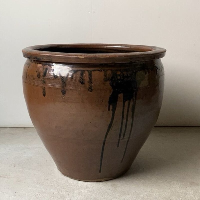 古い甕 幅39cm 民藝甕 古作 常滑 打掛釉と線彫りが絶妙のコントラスト