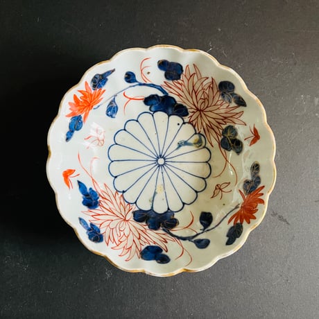 鉢□なます皿14客 赤絵 膾皿 赤絵鉢 窓絵花唐草 蛇の目 明治期 時代物