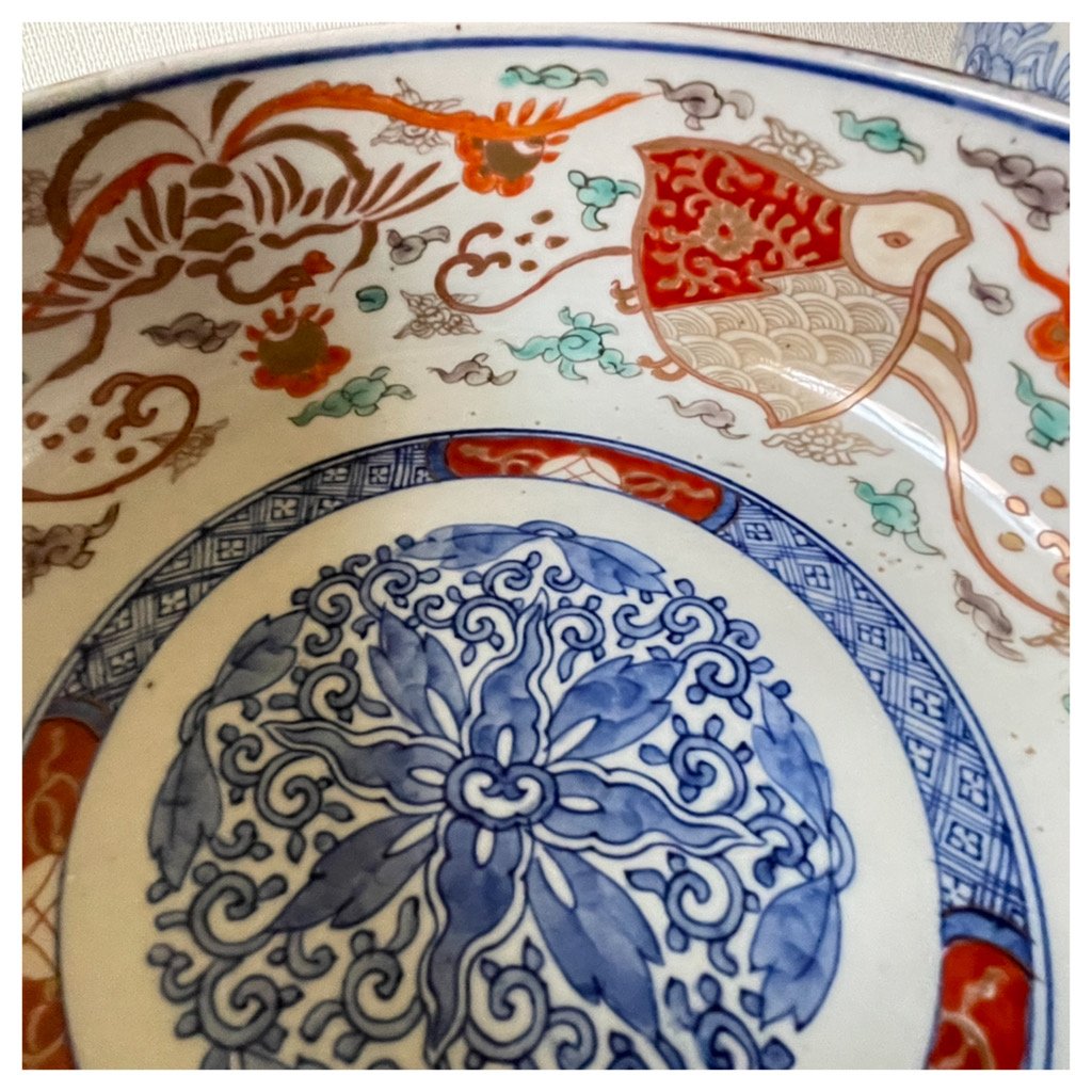 古伊万里、赤絵南蛮船、竜宮図輪花鉢、江戸時代。本物保障。 古伊万里、