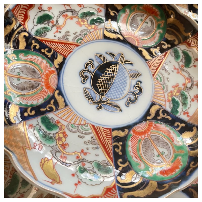 古伊万里 色絵三方柘榴鳥文様七寸皿 8枚 直径21.8㎝ 料理屋 古器を