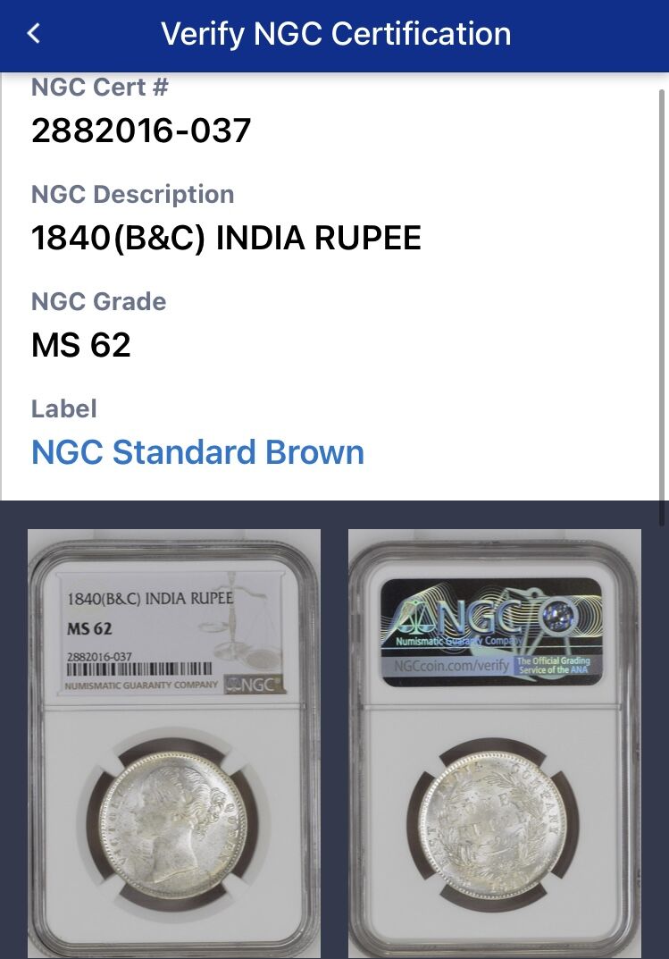 1840年・ヴィクトリア女王ヤングヘッド】NGC鑑定MS62 英領インド 1