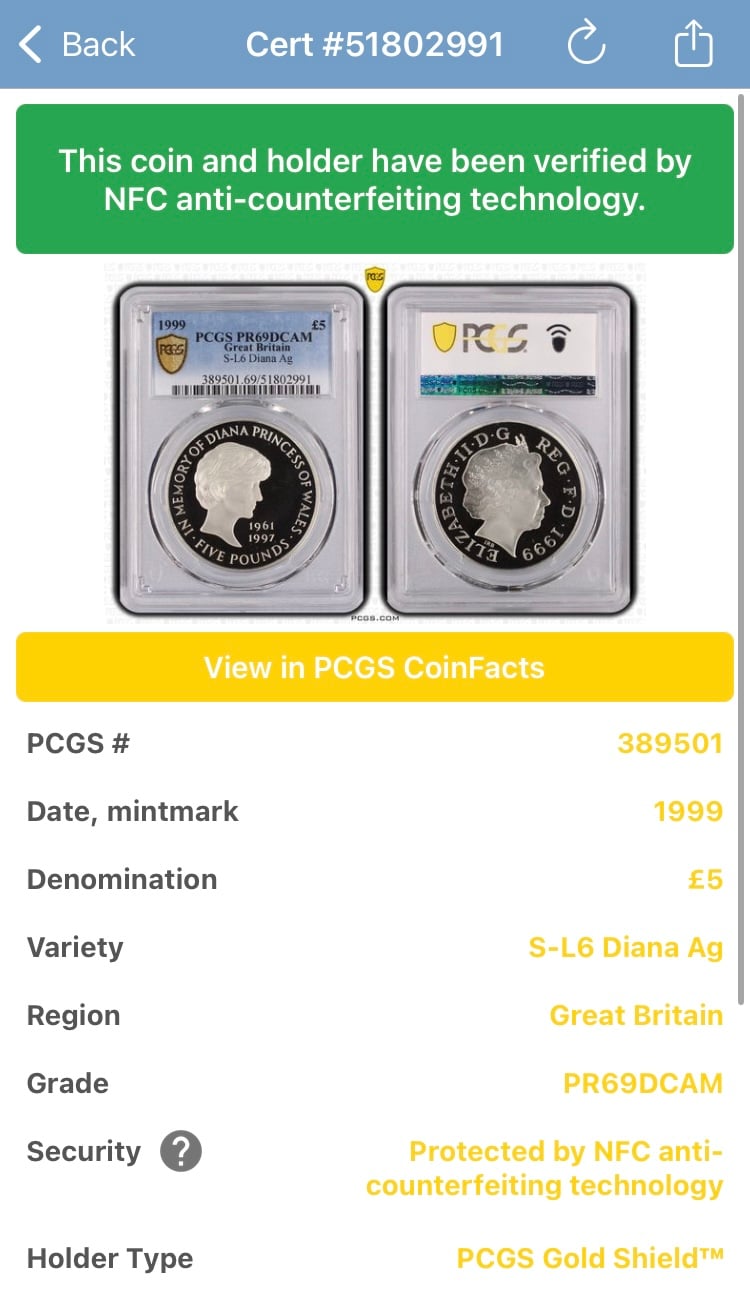 PCGS鑑定PR69DCAM 1999年 イギリス ダイアナ妃追悼祈念 5ポンド銀貨 S