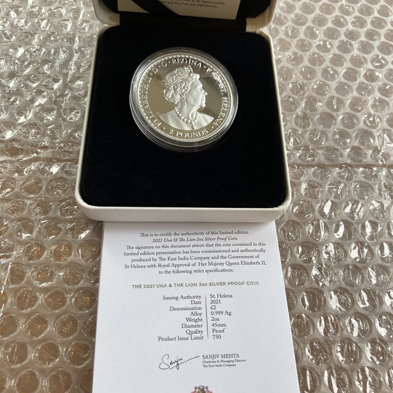 2オンス銀貨 ウナとライオン 2021 イギリス領セントヘレナ造幣局 2