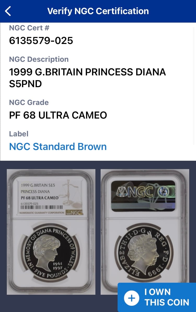 NGC鑑定PF68UC 1999年 イギリス ダイアナ妃追悼祈念 5ポンド銀貨