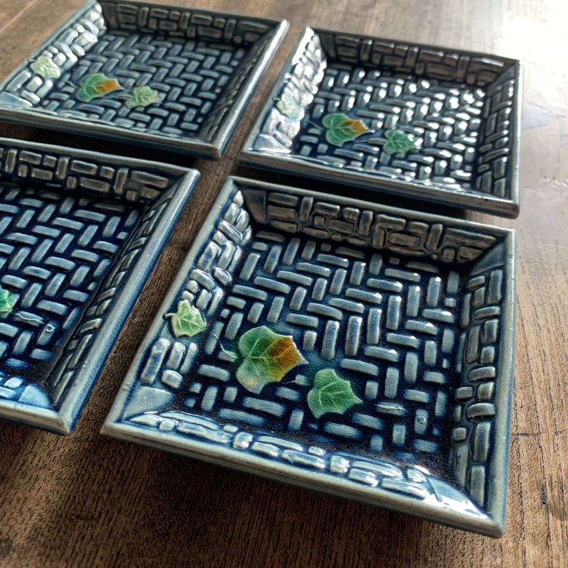 珉平焼 角小皿 豆皿 小皿 蔦柄 ターコイズブルー 陶器 和食器 古道具