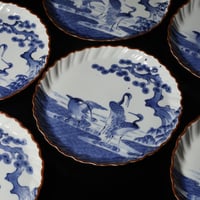 古い清水焼の色絵扇面形皿5客古箱入