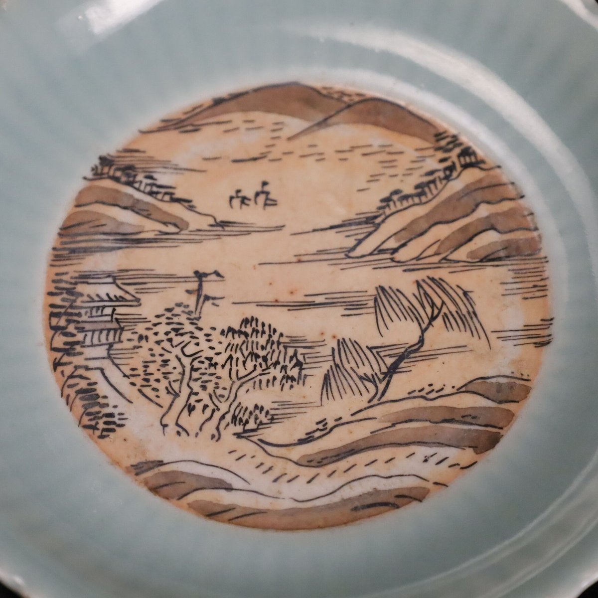 伊万里焼 古伊万里 富長貴春 染付 山水文 輪花皿 時代箱付 C 8264