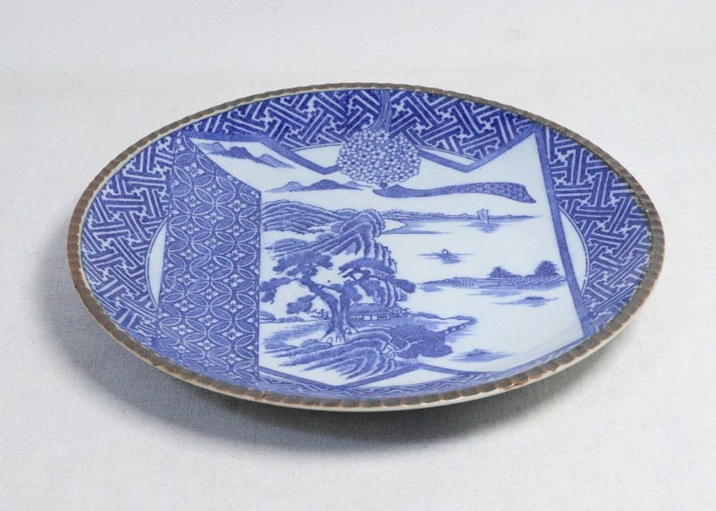 長丸皿 3枚 歪み 変形皿 花唐草 印判 染付 明治 大正 長