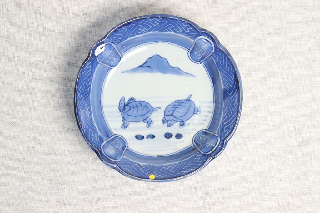 なます皿 向付 2セット 染付 色絵付 花文様 同柄 窯傷 歪み なます皿