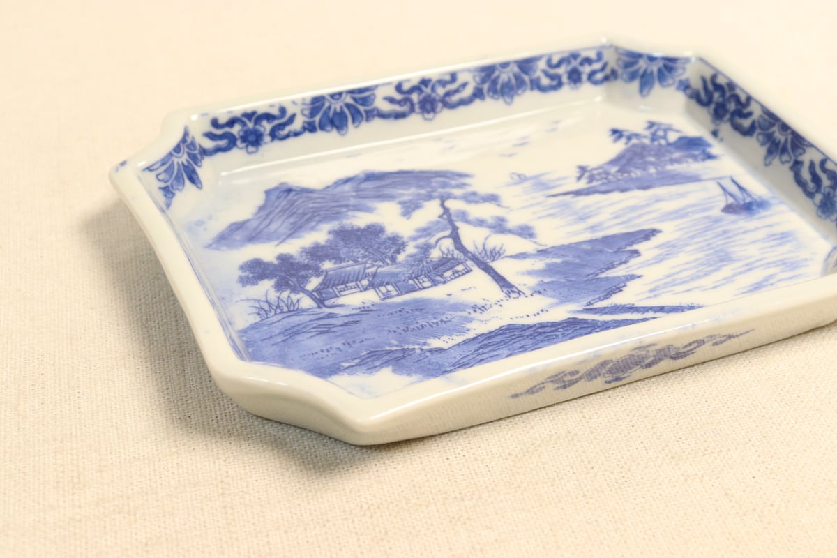 100年前の角皿 山水図 銅版転写 明治時代 100年前の角皿 山水図 銅版