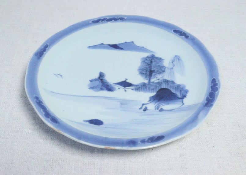 扇型皿 青磁に染付 山水図 幕末骨董 旧家蔵出し コレクター放出美品 古