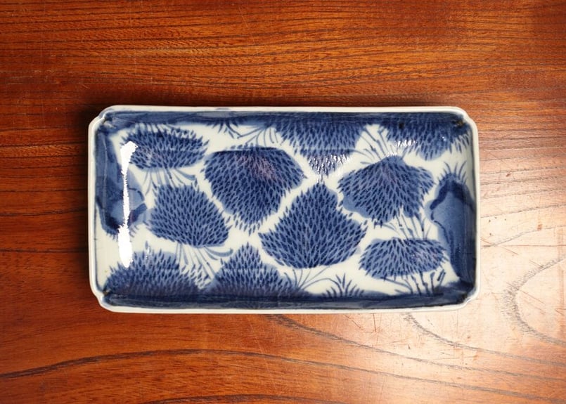 江戸中期 古伊万里 染付竹林文長皿 奇跡の十客！ 笹葉部型紙摺 古美術