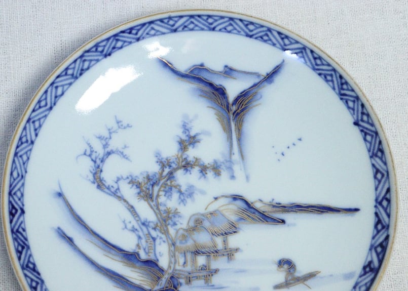 明治前期九谷焼金彩染付山水図通り物6寸皿 | 吉祥寺PukuPuku