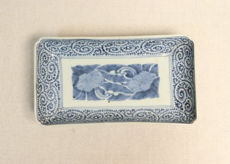 長丸皿 3枚 歪み 変形皿 花唐草 印判 染付 明治 大正 長