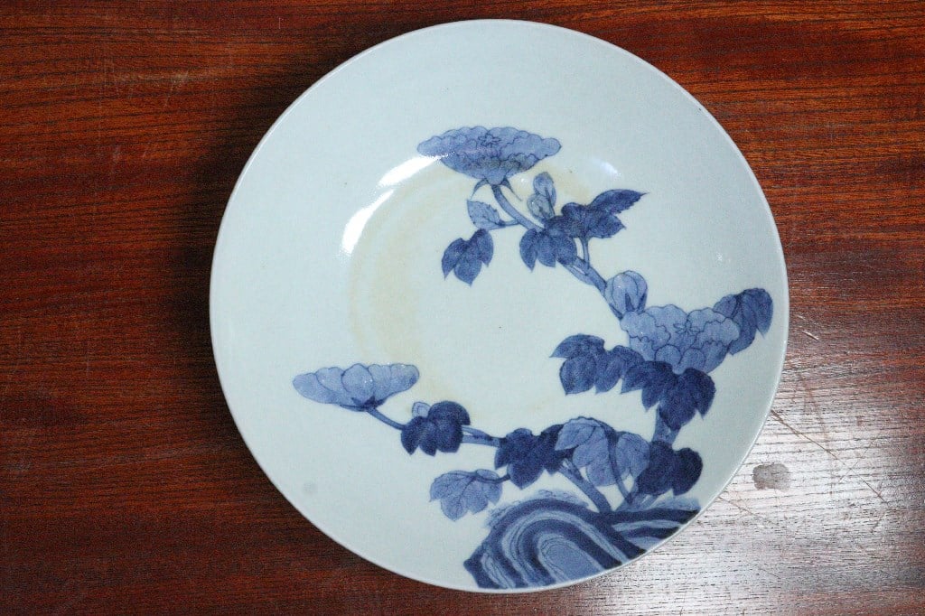 有田焼 鍋島様式 染付芍薬文 七寸高台皿 /骨董/時代物 有田焼 鍋島様式