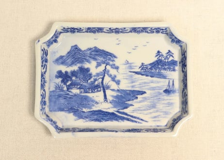 長丸皿 3枚 歪み 変形皿 花唐草 印判 染付 明治 大正 長丸皿 3枚 歪み