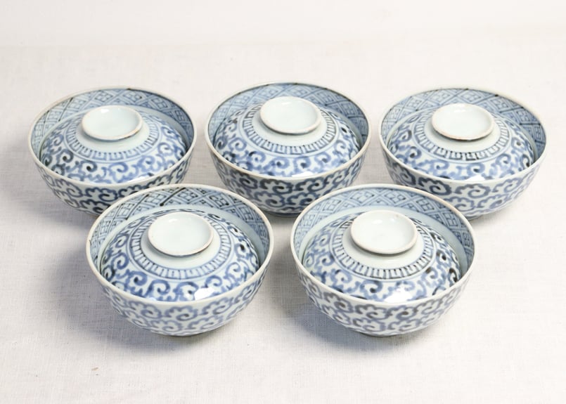 a981 蓋付碗 5客組 染付 龍の絵 爪5本 宝珠 祖母懐 古物 懐石 会席