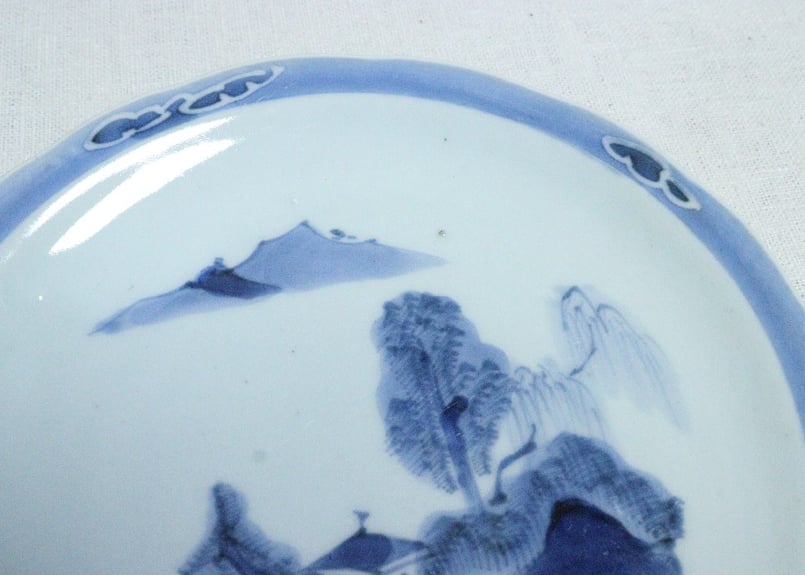 扇型皿 青磁に染付 山水図 幕末骨董 旧家蔵出し コレクター放出美品 古