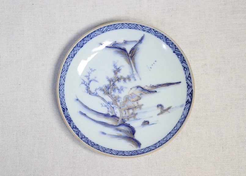 明治前期九谷焼金彩染付山水図通り物6寸皿 | 吉祥寺PukuPuku