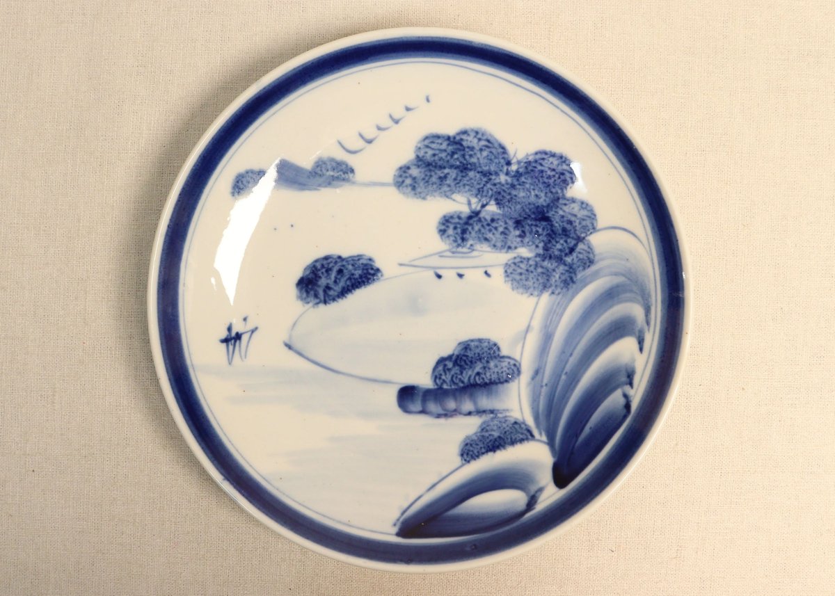 時代物 成化年製 款 古染付 蓮池独釣図人物山水大皿