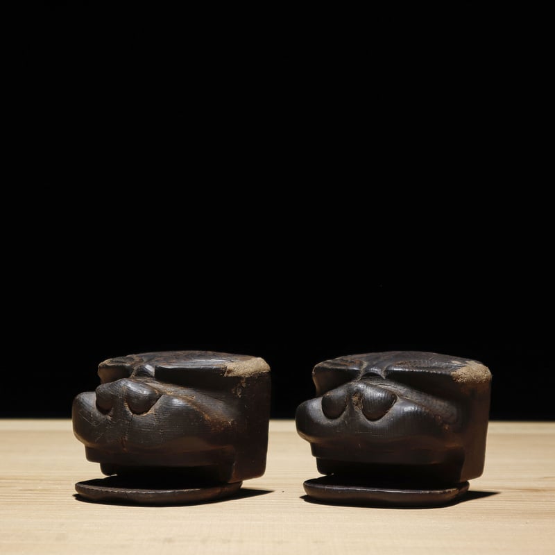 獅子頭 雌型 木製 木彫り 時代物 アンティーク 置物 縁起物 獅子頭 雄