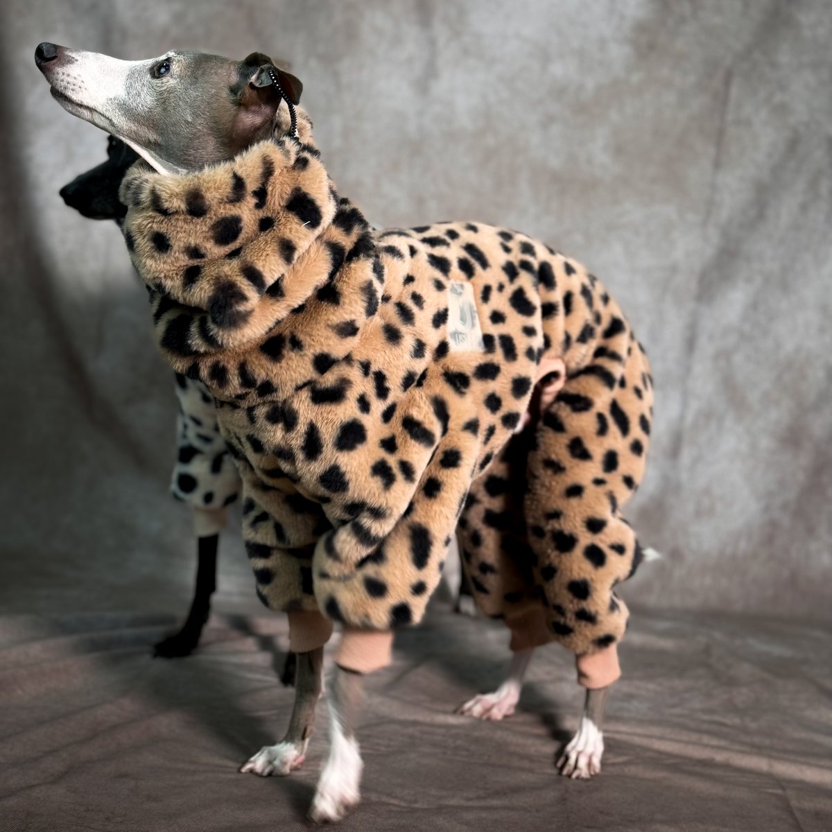 ECO-FUR LEOPARD ZIP-UP ROMPERS:BROWN //ｴｺﾌｧｰﾚｵﾊ