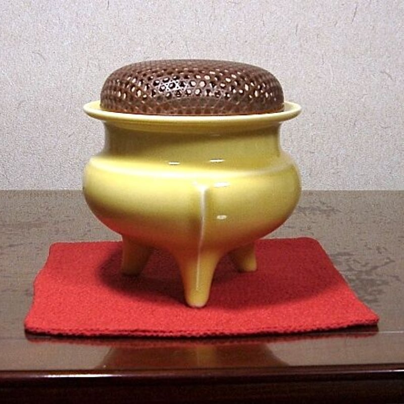 京焼・清水焼 新開邦太郎（寛山）作 黄均瓷袴腰香櫨 共箱 無傷