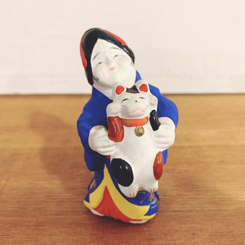 名古屋土人形・野田末吉『招き猫抱きお福』土鈴 | 象々の郷土玩具
