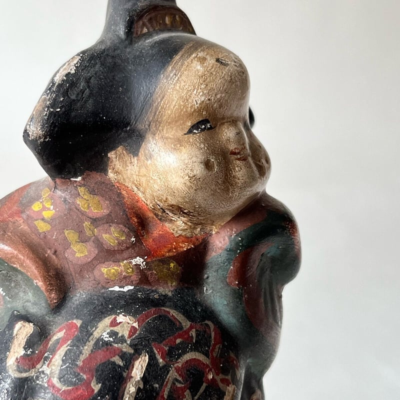 希少 江戸期 伏見人形 鵤幸右衛門 彩色布袋座像 銘【伏見 人形や 幸右
