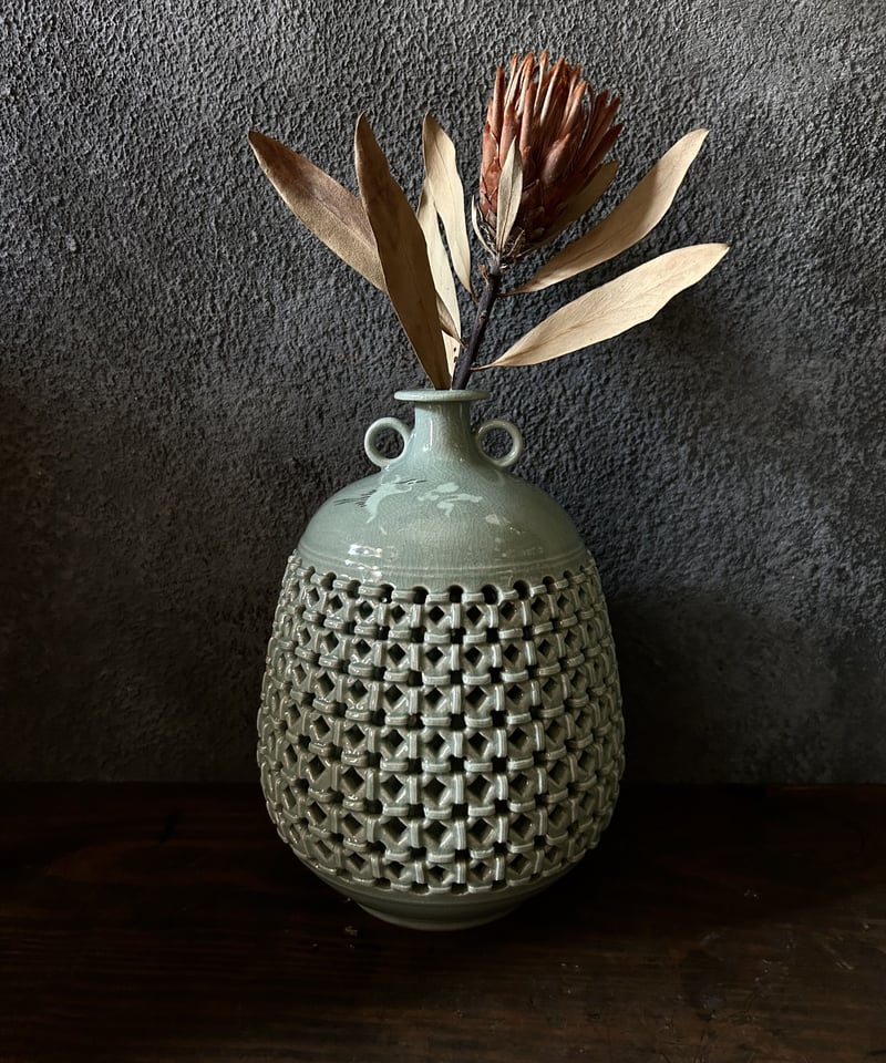 峰鶴窯の花器K23/透かし/高麗青磁/骨董 | 骨董・アンティークの