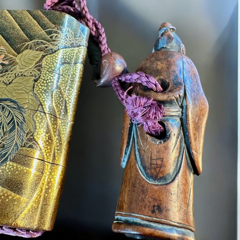 STEARLING950 金鍍金 三味線細工 時代物 根付け 薬入れ 珍品