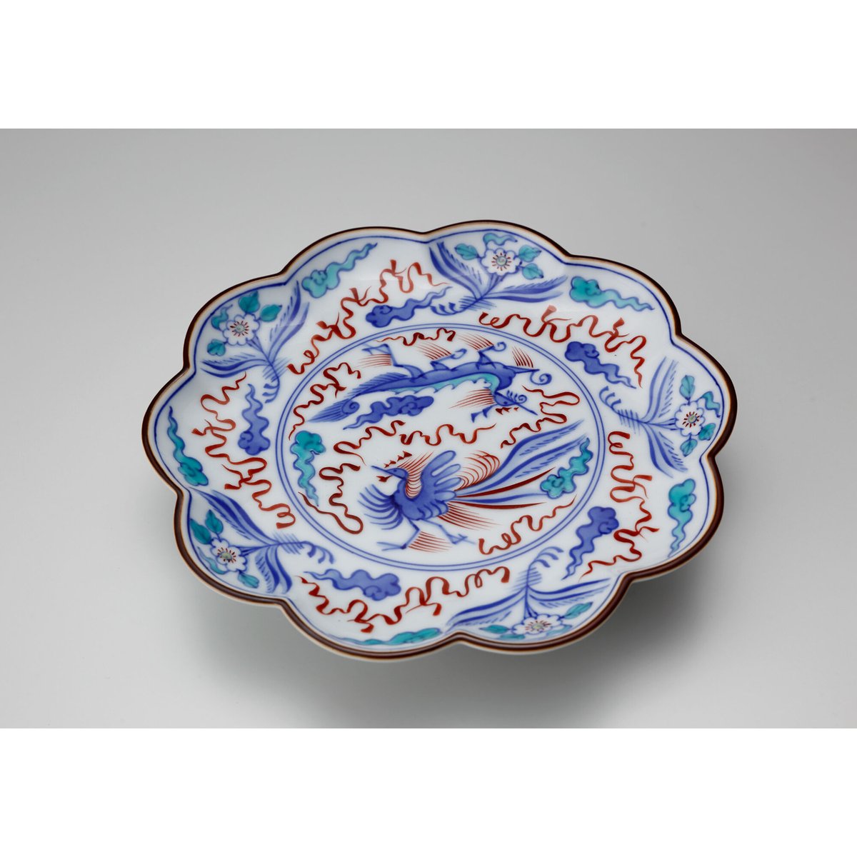 中国 大明萬暦年製 五彩龍鳳凰文 輪花鉢 大皿 直径約40