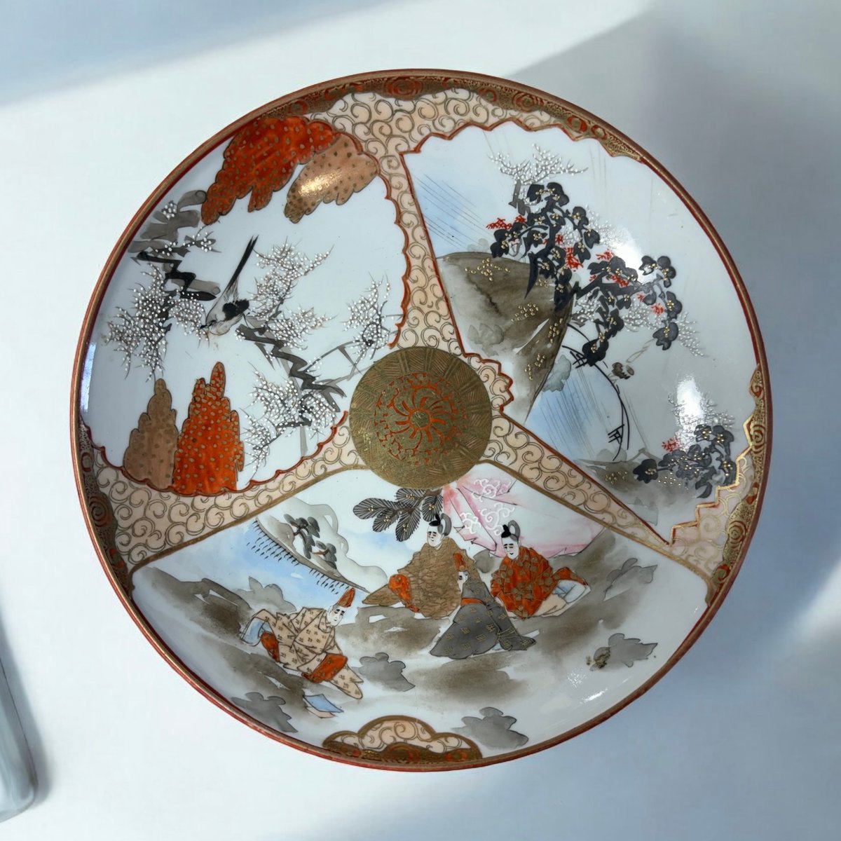 九谷焼 色絵金彩 人物魚文 大皿 飾皿 直径約36㎝ 在銘 V
