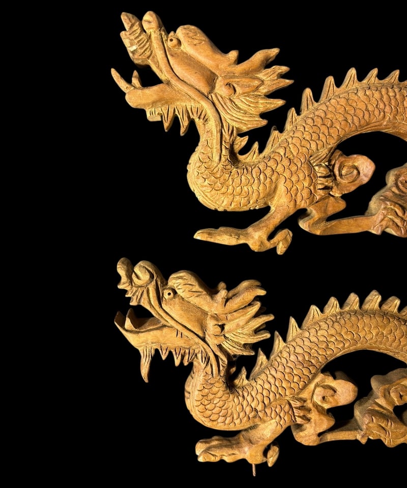 2体セット】彫刻 龍 木製 欄間 古民家建具等 彫刻パーツ 十二支 置物