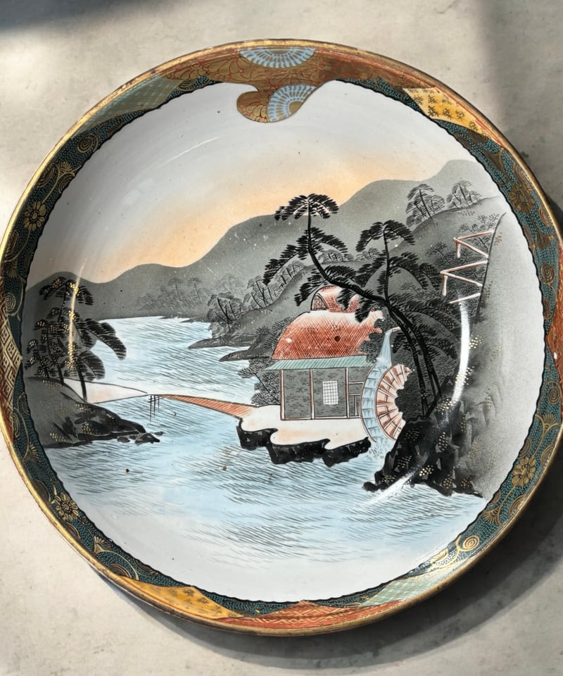 古九谷皿 吉田家 角福 手描き 山水風景図 幕末骨董 桐箱入り