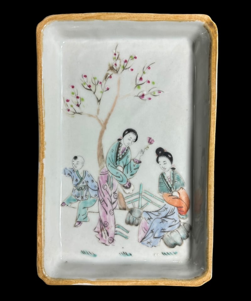 中国美術 美人 粉彩人物絵 清時代 中国雑貨 陶板 磁板 食器 インテリア