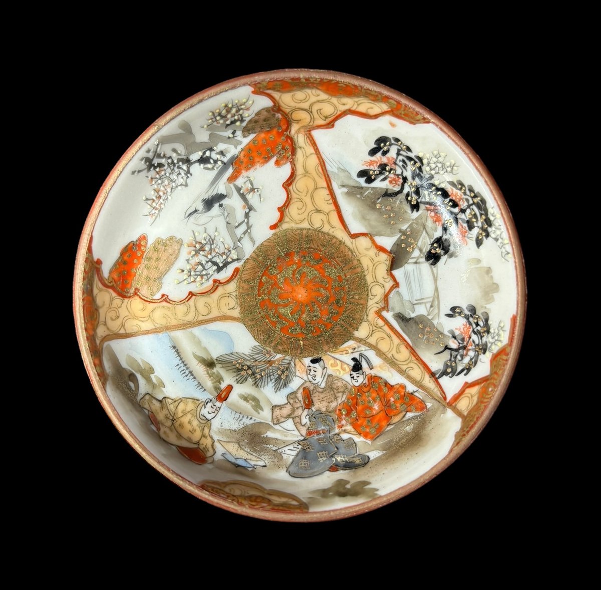 希少!!】九谷造 色絵 豆皿 金彩 [松竹梅鳥文風景窓絵 粉彩人物絵] 小皿