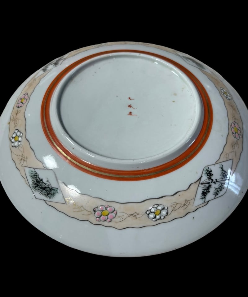 希少!!】九谷造 色絵 金彩 [松竹梅鳥文風景窓絵 粉彩人物絵] 大皿 平皿