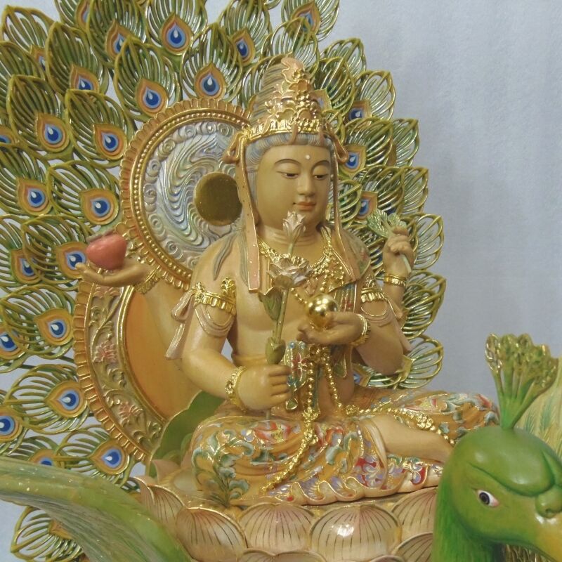 仏像☆桧材 淡彩色 孔雀明王像5寸☆病魔退散 高さ:約65cm | お仏壇・お