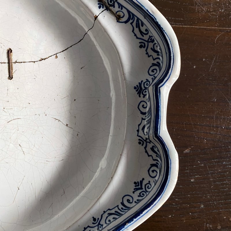 Moustiers ムスティエ 鎹 修繕 花リム オーバル皿 楕円皿 フランス