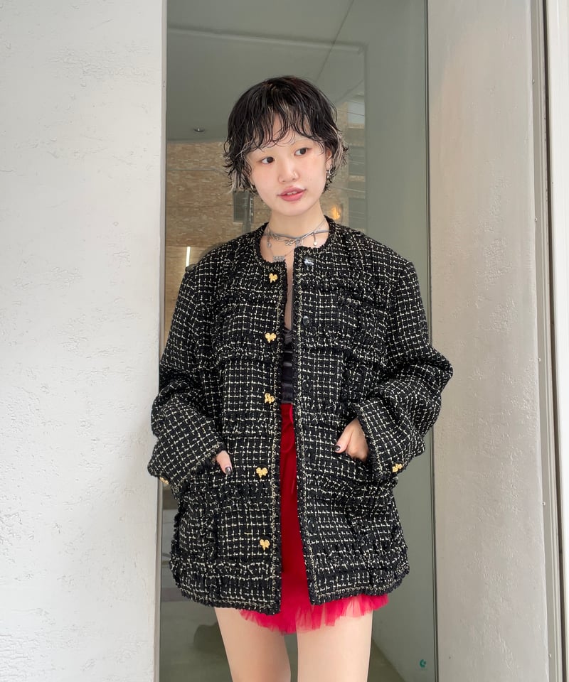 VIVIANO / Ruffle Tweed Collarless Jacket | JURK